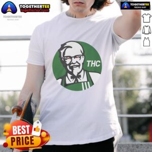 Alt Text: Funny KFC X THC logo t-shirt design featuring a playful fusion of fast food and cannabis culture. Perfect for humor lovers!