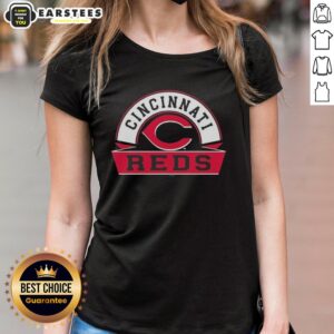 Alt Text: Awesome Cincinnati Reds Phase Banner Arch Ladies Tee featuring team colors and logo, perfect for female fans.
