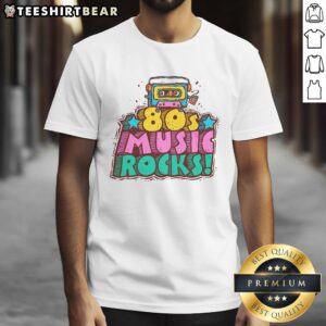 Alt Text: Funny 80s music rocks T-shirt featuring vibrant graphics and retro design, perfect for nostalgic music lovers.