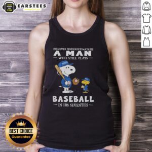 Cute Peanuts X Texas Rangers tank top featuring 'Never Underestimate A Man Who Still Plays Baseball In His Seventies.'