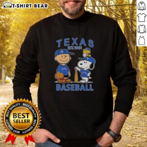 Good Charlie Brown, Snoopy, and Woodstock in Texas Rangers baseball jersey sweatshirt, est. 1961, perfect for fans.