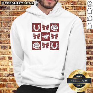 Stylish hoodie featuring top greatest race horses, horseshoe, and bow rose icons for horse racing enthusiasts.