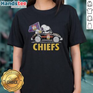 Original Snoopy and Woodstock driving a car, cheering for Gallagher Chiefs on a ladies tee shirt.