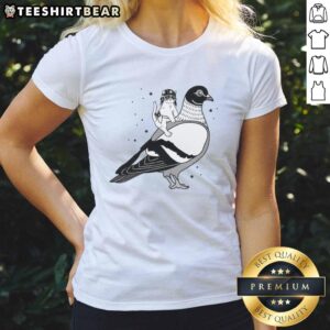 Top Gary riding pigeon cat in a hat flies on a dove, featured on a ladies tee design.