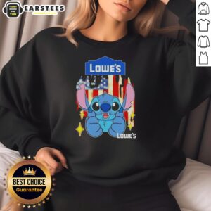 Alt Text: Cute Stitch-like Lowes USA Flag Sweatshirt featuring vibrant colors and a cozy design for patriotic fashion lovers.