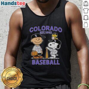 Good Charlie Brown, Snoopy, and Woodstock in Colorado Rockies baseball jersey tank top, established 1993 design.