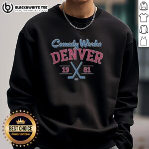 Awesome Comedy Works Denver Pioneers sweatshirt, established 1981, featuring a vibrant design and cozy fit for comedy fans.