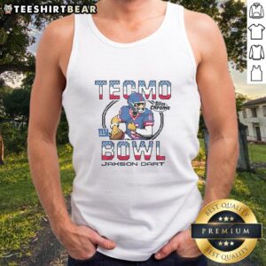 Alt Text: Nice Tecmo Bowl X Topps Chrome Giants Jaxson Dart tank top featuring vibrant graphics and sports-themed design.