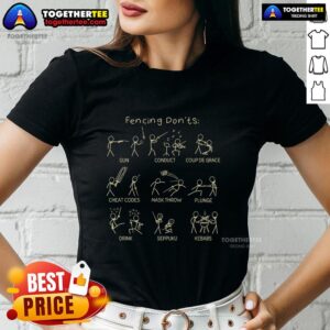 Funny fencing stickman graphic on an Official Fencing Don'ts ladies tee, perfect for fencing enthusiasts and humor lovers.