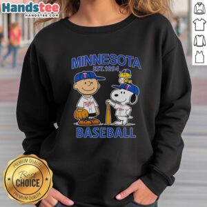 Alt Text: Good Charlie Brown, Snoopy, and Woodstock wearing Minnesota Twins baseball jersey est. 1894 sweatshirt.