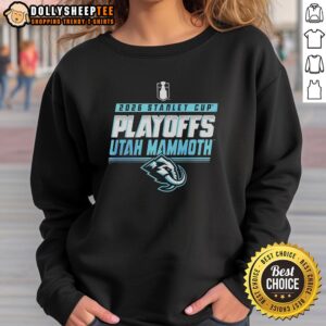 Alt Text: Good Utah Mammoth NHL 2026 Stanley Cup Playoffs sweatshirt featuring team logo and vibrant colors for fans.