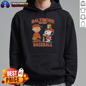 Alt Text: Charlie Brown, Snoopy, and Woodstock wearing a Baltimore Orioles baseball jersey (Est. 1894) on a cozy hoodie.