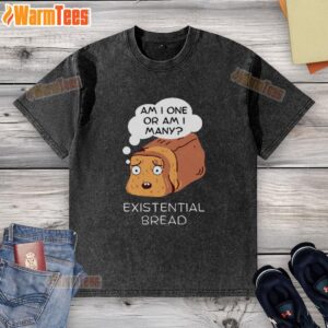 Kawaii bread pun design on a washed t-shirt featuring 'Nice Existential Bread' for quirky fashion lovers.