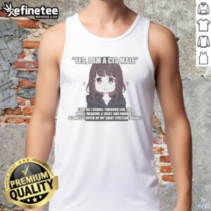 Cis male in an eggirl tank top scrolling through social media, embracing style and confidence in a vibrant setting.