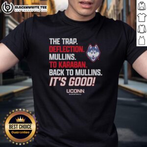 UConn Huskies Basketball T-shirt featuring 'The Trap Deflection' play with Mullins to Karaban graphic design.