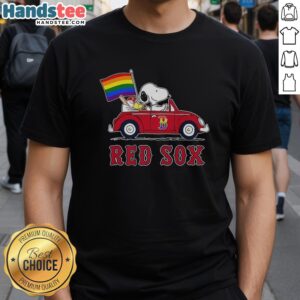 Premium Boston Red Sox X Snoopy and Woodstock driving a car with a rainbow flag graphic T-shirt for fans.