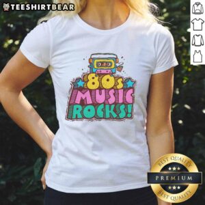 Funny 80s music rocks ladies tee featuring vibrant retro graphics and a playful design, perfect for nostalgic music lovers.