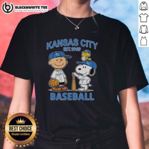 Good Charlie Brown, Snoopy, and Woodstock on Kansas City Royals baseball jersey tee, est. 1969 for ladies.
