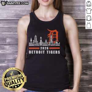Hot Detroit Tiger MLB 2026 tank top featuring city skyline and player names design, perfect for baseball fans.