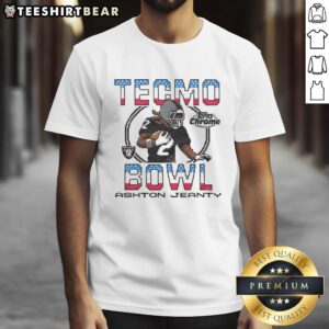 Alt Text: Nice Tecmo Bowl X Topps Chrome Raiders Ashton Jeanty T-Shirt featuring vibrant graphics and sporty design.