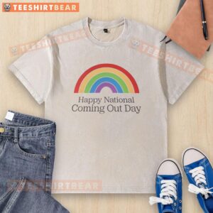 Official Happy National Coming Out Day rainbow washed t-shirt featuring vibrant colors and inclusive design.