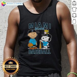 Alt Text: Charlie Brown, Snoopy, and Woodstock wear Miami Marlins jersey on a stylish tank top, celebrating baseball since 1993.