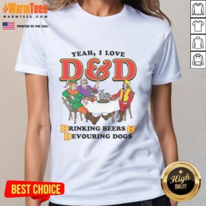 Funny ladies tee featuring 'Yeah I Love DD Drinking Beers Devouring Dogs' design for dog lovers and beer enthusiasts.