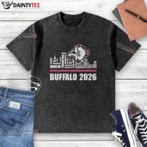 Alt Text: Official Buffalo Sabres 2026 NHL player names skyline shape washed t-shirt, featuring a stylish city design.