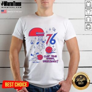 Alt Text: Original Philadelphia 76ers X Snoopy and Woodstock Clap Your Hands Everybody T-Shirt in vibrant design