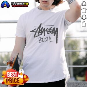 Alt Text: Top Stussy Seoul Logo T-Shirt featuring bold graphic design, perfect for streetwear enthusiasts and collectors.