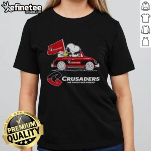 Alt Text: Original Snoopy and Woodstock Driver Car Crusaders Ladies Tee featuring vibrant graphics and a stylish design.