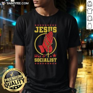 Hot Jesus Was A Socialist T-Shirt featuring bold text design promoting socialist themes in a stylish graphic tee.