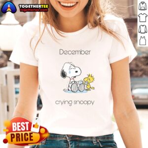 Alt Text: Pretty December Crying Snoopy and Woodstock graphic on a ladies tee, perfect for Peanuts fans this winter.