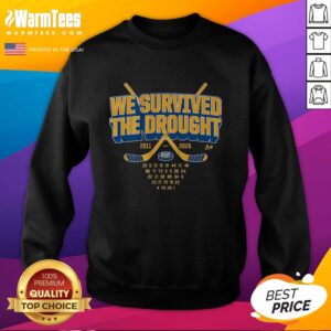 Original Buffalo Hockey We Survived The Drought sweatshirt featuring team colors and logo, perfect for fans.
