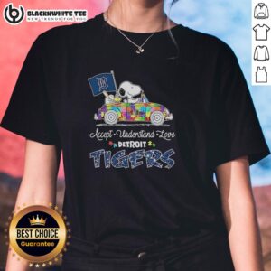 Detroit Tigers tee featuring Snoopy and Woodstock driving a car with 'Accept, Understand, Love' slogan.