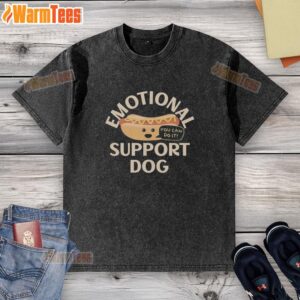 Good emotional support dog in a hot dog-themed washed t-shirt, showcasing its playful personality and charm.
