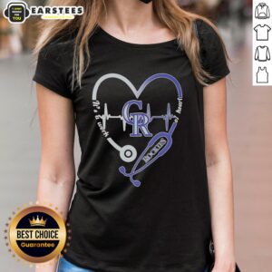 Hot Colorado Rockies stethoscope heartbeat ladies tee, showcasing a stylish design for healthcare professionals and mountain lovers.