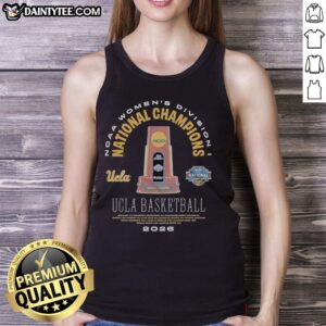 Alt Text: UCLA Bruins 2026 NCAA Women's Basketball National Champions trophy on a Legends tank top, celebrating victory.