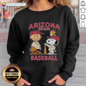 Alt Text: Pretty Charlie Brown, Snoopy, and Woodstock in Arizona Diamondbacks jersey sweatshirt, est. 1998, playful design.
