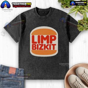 Alt Text: Awesome Limp Bizkit Burger King parody logo on a washed t-shirt, perfect for music fans and casual wear.