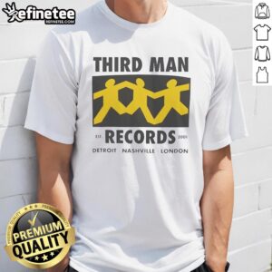 Alt Text: Top Third Man Records Detroit Nashville London Est 2001 T-Shirt featuring iconic logo and city names.