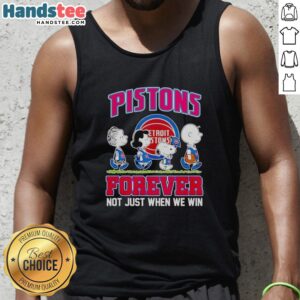 Official Peanuts Characters X Detroit Pistons tank top featuring iconic designs and 'Forever, Not Just When We Win' slogan.