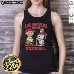 Charlie Brown, Snoopy, and Woodstock wearing Los Angeles Angels baseball jersey tank top, celebrating Est. 1961.