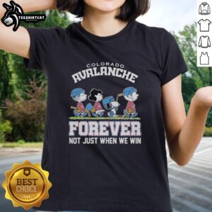 Alt Text: Cute Peanuts characters cheer for the Colorado Avalanche NHL on a stylish ladies tee, celebrating fandom beyond victories.
