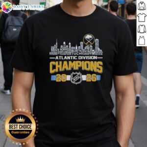 Buffalo Sabres 2026 NHL Atlantic Division Champions T-Shirt featuring players and city skyline design.