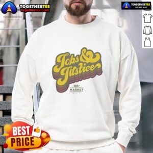 Alt Text: Black sweatshirt featuring the 'Good Jobs and Justice' logo, promoting social equity and fair employment opportunities.