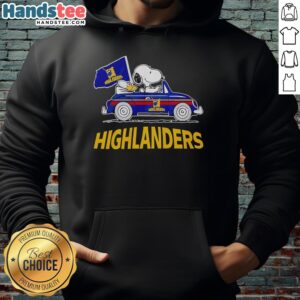 Snoopy and Woodstock driving a car, cheering for Highlanders Rugby Club on a cozy hoodie.