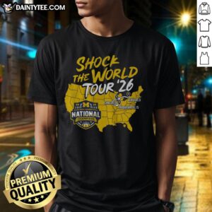Top Michigan Wolverines MBB 2026 National Champions T-Shirt celebrating their Shock the World Tour in bold colors.