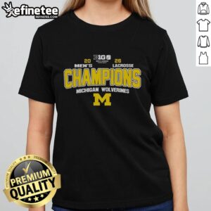 Alt Text: 2026 Big 10 Men's Lacrosse Tournament Champions Michigan Wolverines ladies tee featuring original design.
