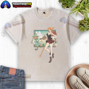 Original Nami One Piece Cat Burglar Anime washed t-shirt featuring vibrant graphics of Nami in a stylish design.